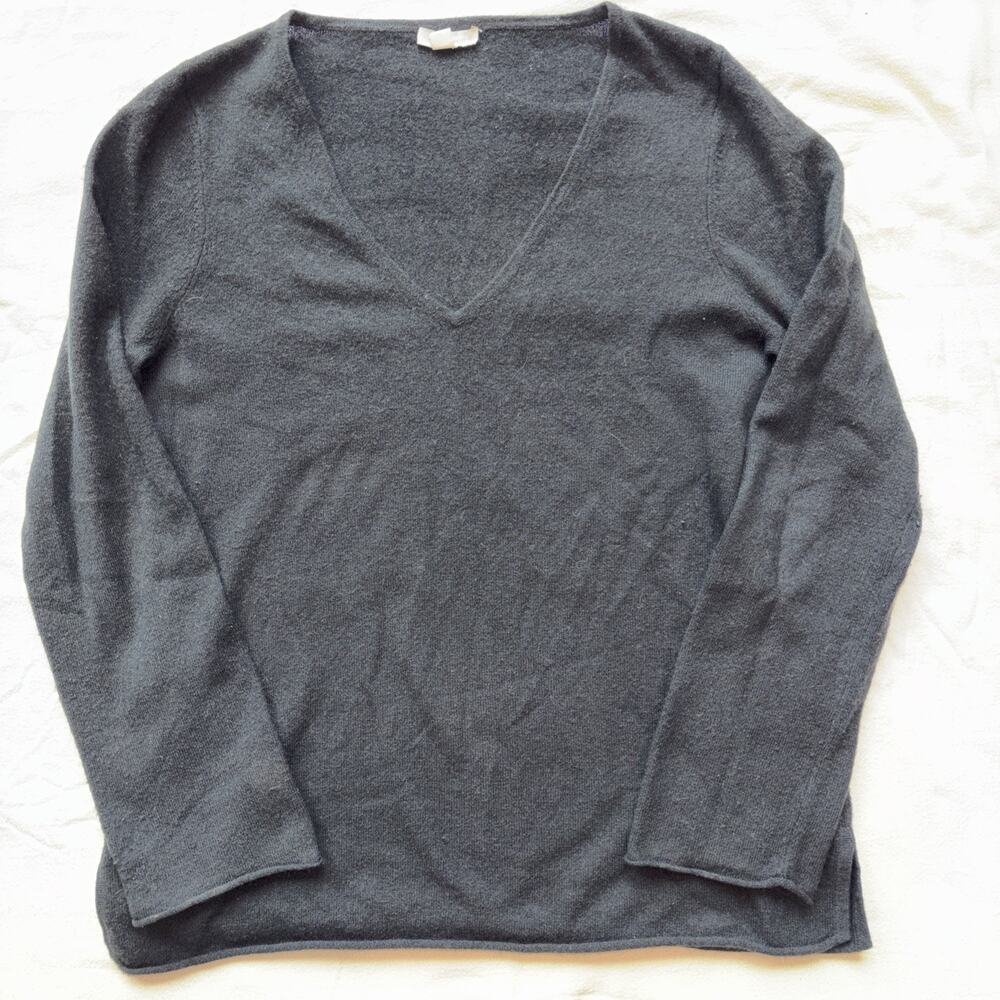Garnet Hill Black Cashmere Medium Tunic Sweater Roll Bottom Sleeve V Neck